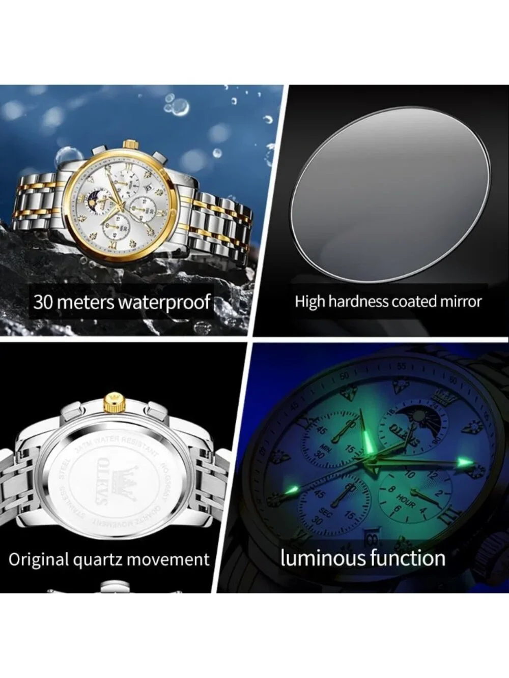 Men Silver Gold Diamond Analog Quartz Stainles Waterproof Luminous Classic Watch